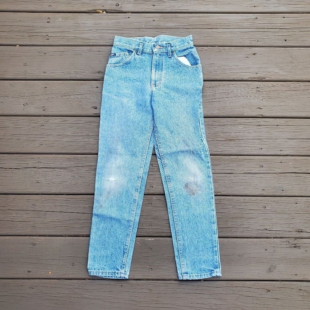 Vintage Lee High Rise Mom Tapered Leg Relaxed Fit Stone Acid Wash Denim Jeans 25
